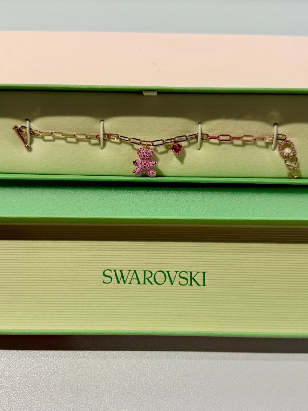 New in box, Swarovski Teddy Bear Bracelet, Pink, 18K Rose Gold Finish